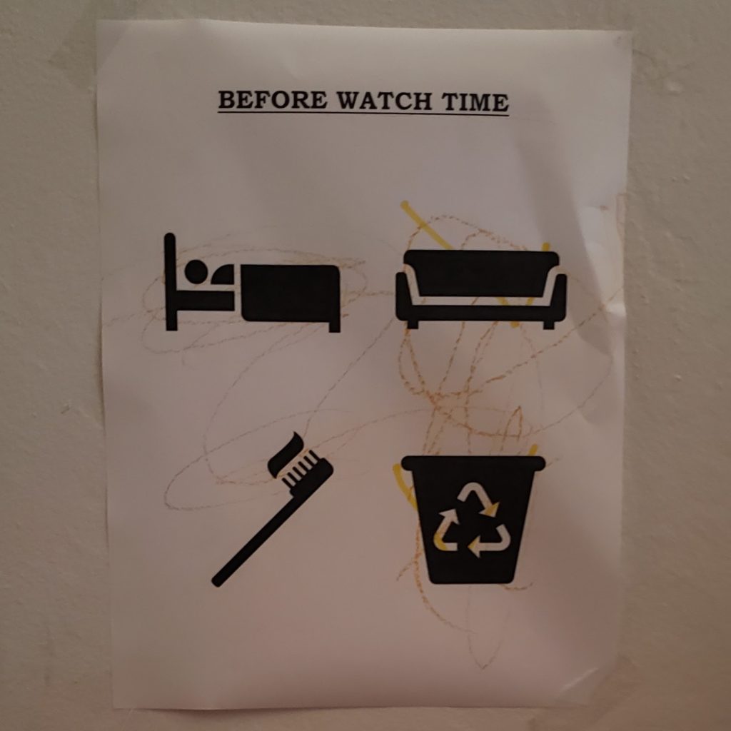"Before Watch TIme" with 4 pictures: bed, couch, toothbrush, recycle can