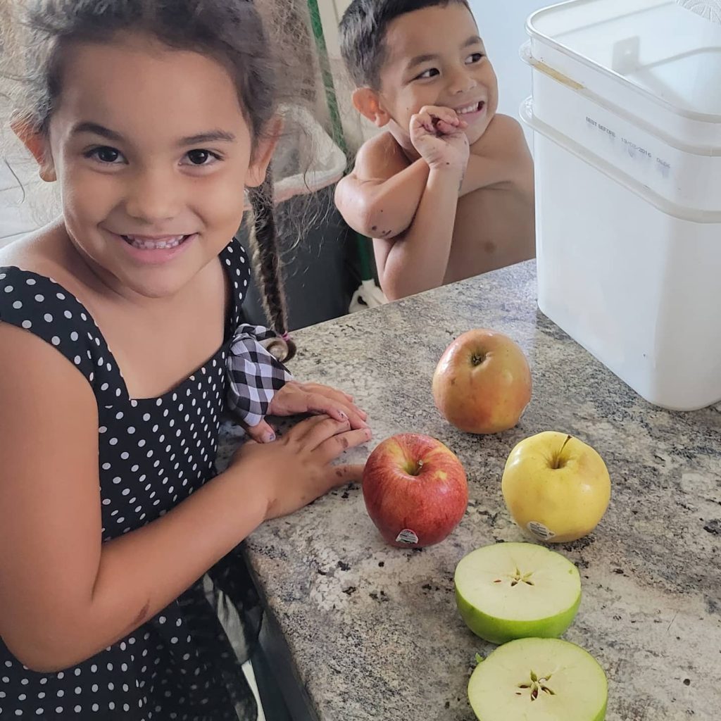 two kids cutting apples
